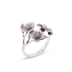 Luxe Silver Plate Adjustable Dogwood Flowers Ring