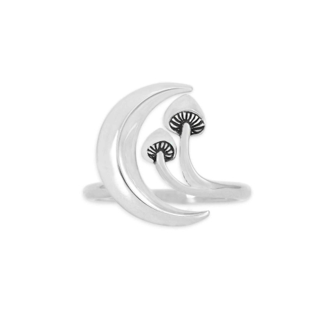 Luxe Silver Plate Moon and Mushroom Adjustable Ring