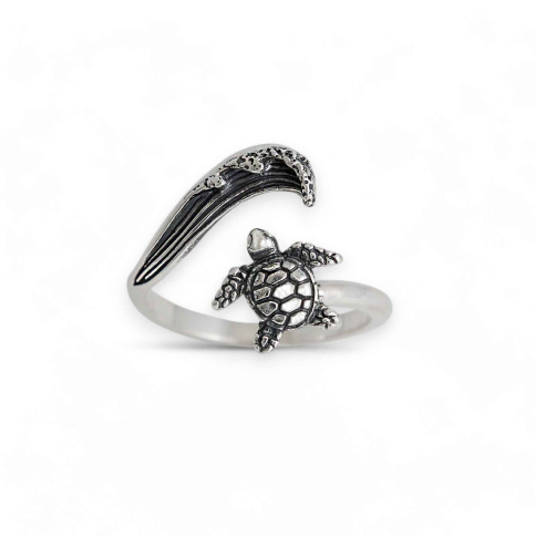 Luxe Silver Plate Sea Turtle and Wave Adjustable Ring