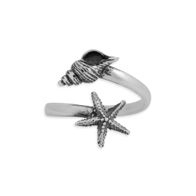 Luxe Silver Plate Adjustable Starfish and Conch Shell Ring