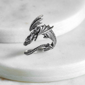 Luxe Silver Plate Adjustable Dragon Ring on white marble