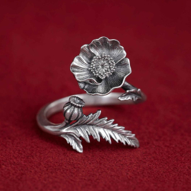 Luxe Silver Plate Adjustable Poppy Ring on red background