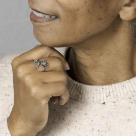 Silver Plate Adjustable Chrysanthemum Ring on hand