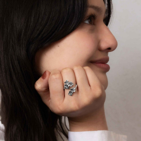 Luxe Silver Plate Hydrangea Bypass Ring on Womans hand