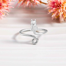 Luxe Silver Plate Adjustable Cat Ring on pink and white background