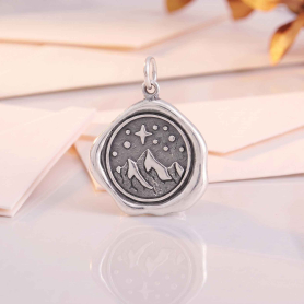 Luxe Silver Plate Mountain Wax Seal Charm on cream background