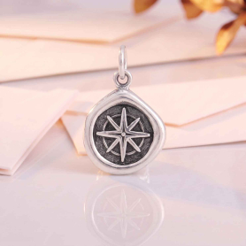 Luxe Silver Plate Small Wax Seal Compass Charm on cream background