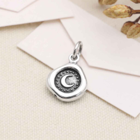 Luxe Silver Plate Crescent Moon Wax Seal Charm on cream background