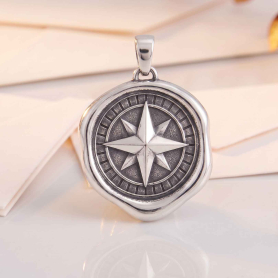 Luxe Silver Plate Wax Seal Compass Pendant on light background