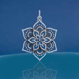 Luxe Silver Plate Openwork Lotus Mandala on blue background