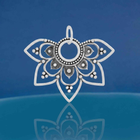 Luxe Silver Plate Openwork Half Mandala Pendant on blue background