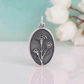 Luxe Silver Plate Carnation Charm on blue backround