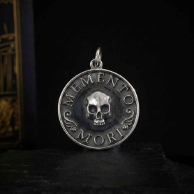 Luxe Silver Plate Memento Mori Skull Pendant on black background