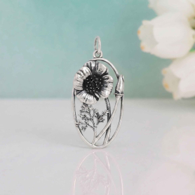Luxe Silver Plate California Poppy Charm on blue background
