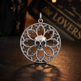 Luxe Silver Plate Gothic Window Pendant with Skull on dark background