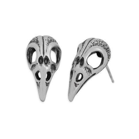 Luxe Silver Plate Raven Skull Post Earrings 21x11mm