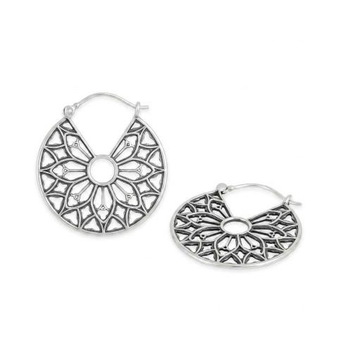 Luxe Silver Plate Cathedral Rose Window Hoop Earring 