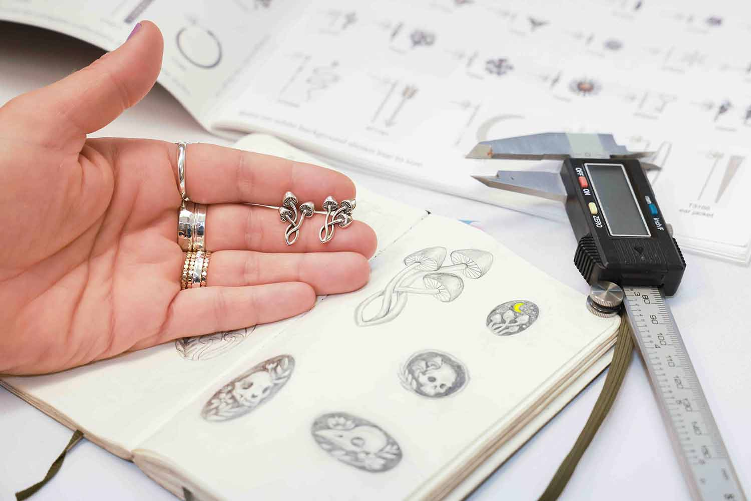 Mushroom Earrings shown with original sketch