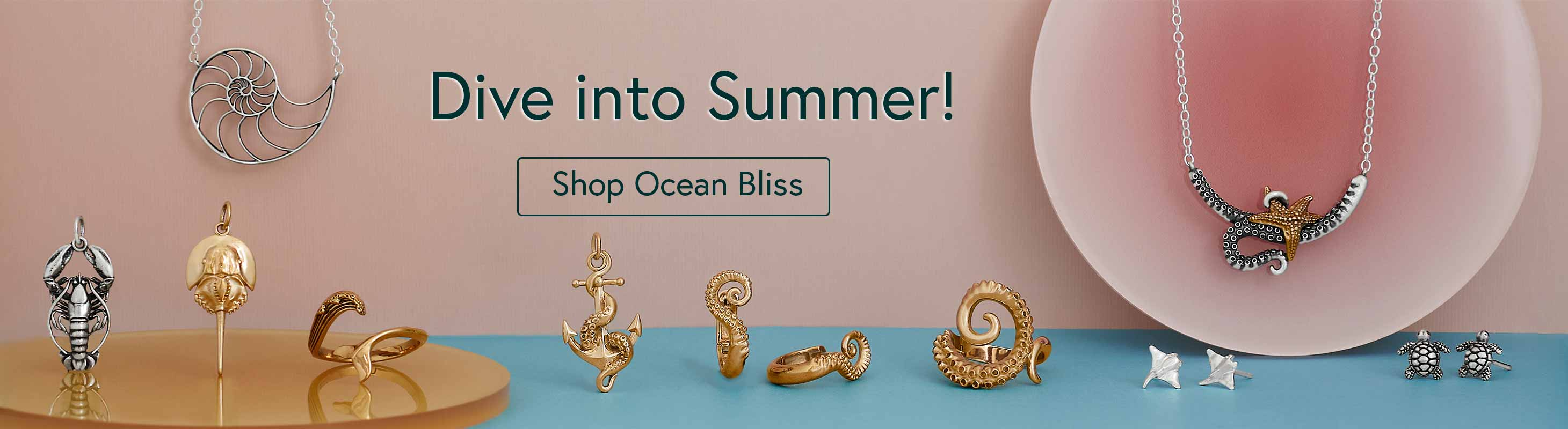 Ocean Jewelry and Charms on pink and blue background