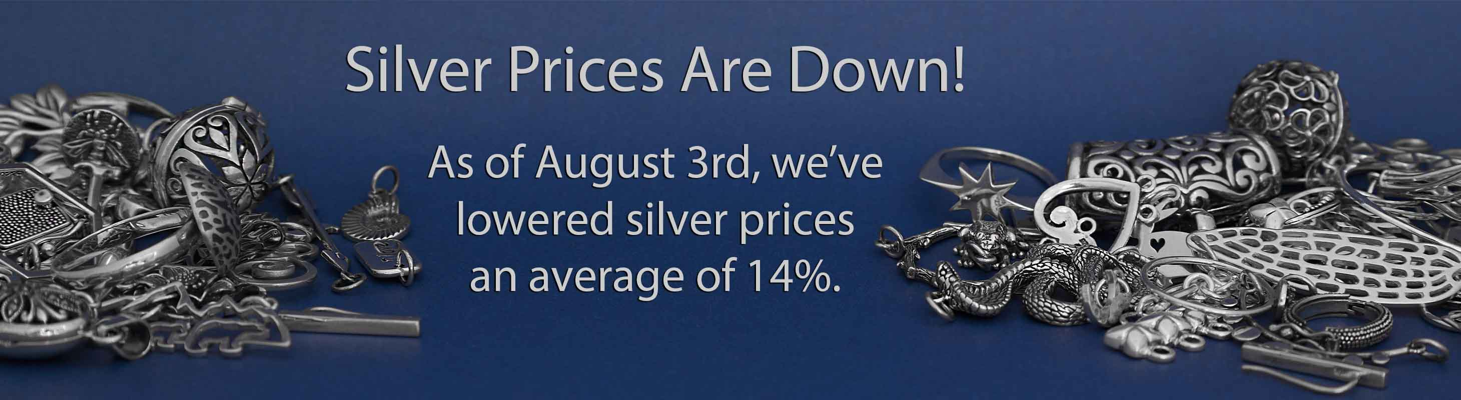Silver Prices Are Down, blue background with pile of silver charms and jewelry