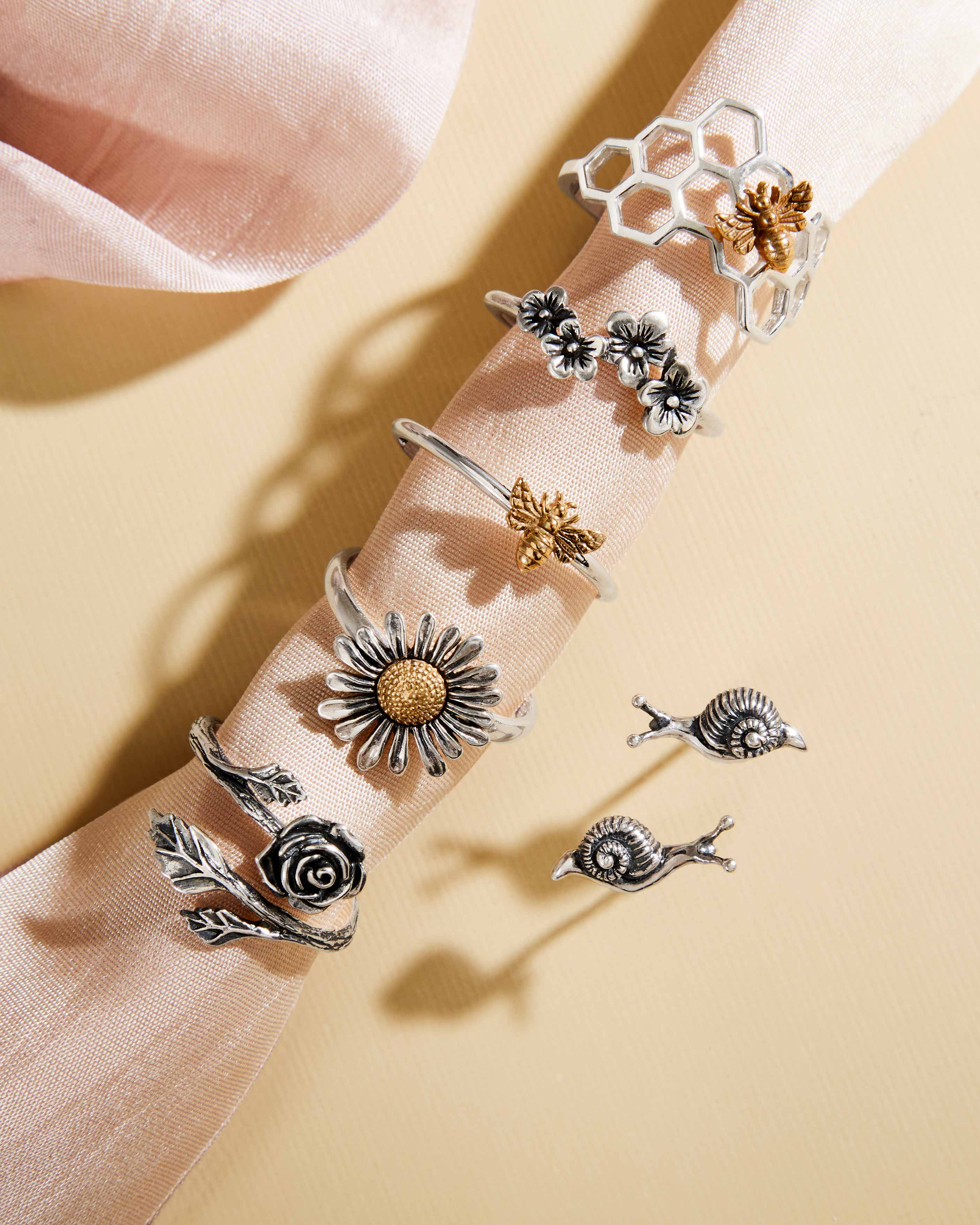 Silver and Bronze Bee and Flower Jewelry Rings