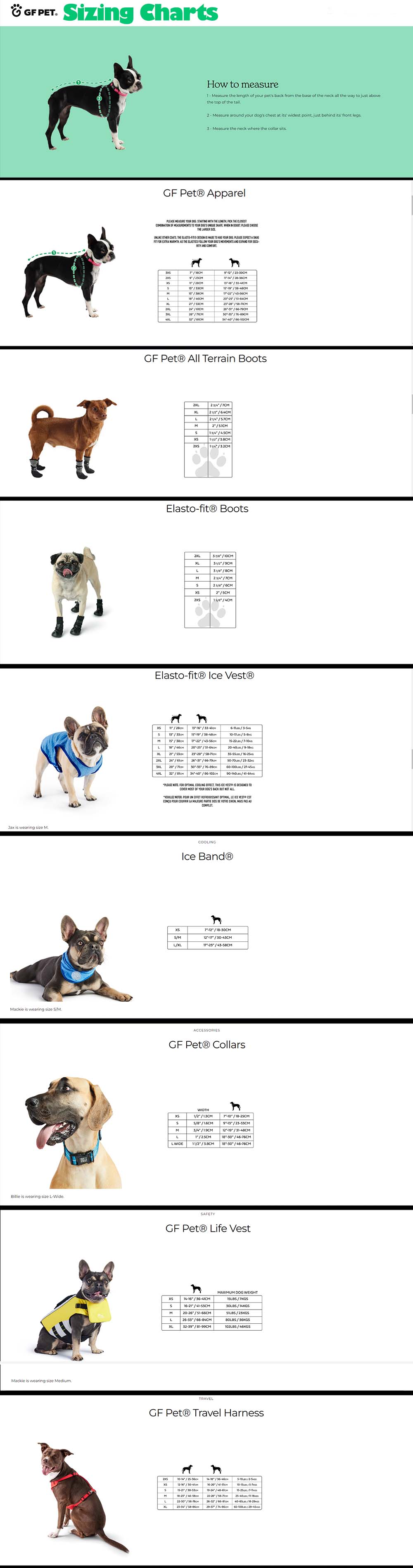 GF Pet Sizing Charts