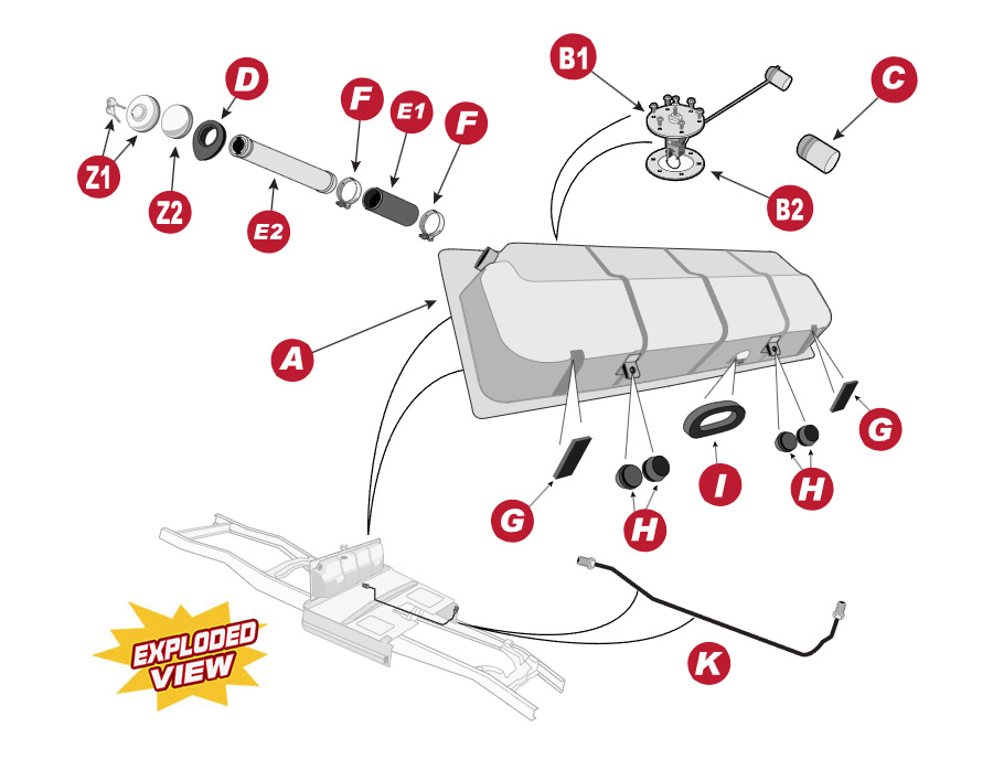 Exploded view of Ford gas tank assembly