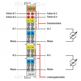 WAGO | 750-455 | 4-CHANNEL ANALOG INPUT; 4 &hellip; 20 MA; SINGLE-E