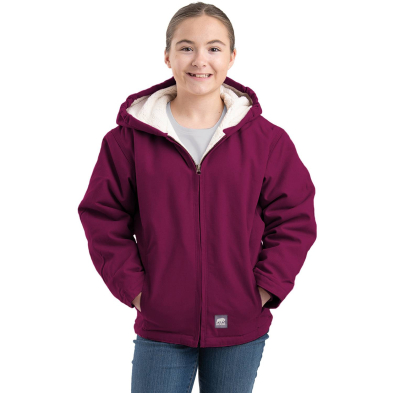 Berne Youth Washed Hooded Jacket - On Model - Plum - Front