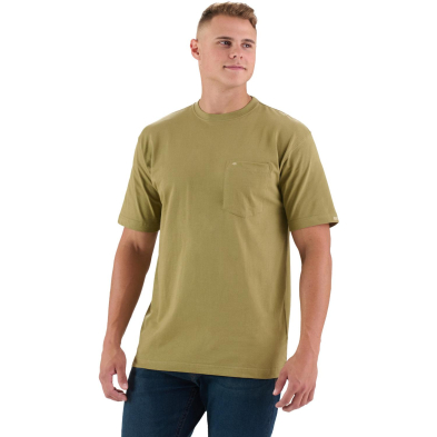Berne Heavyweight Short Sleeve Pocket Tee Shirt - On Model - Light Olive - Front