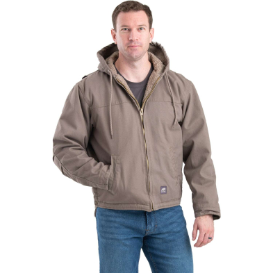 Berne Sanded Hooded Work Jacket Sherpa Lined - On Model - Greystone - Front