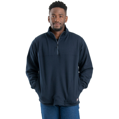 Berne Original Fleece Quarter Zip Thermal Lined Sweatshirt - On Model - Navy - Front