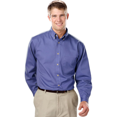 Blue Generation Men's 100% Cotton Twill Long Sleeve Shirt - On Model - French Blue - Front