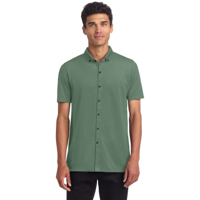 Mercer+Mettle Stretch Pique Full-Button Polo - On Model - Sage Heather - Front