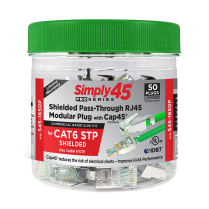 Simply45&reg; ProSeries Cat6 Shielded External Ground Pass-Through RJ45 Modular Plugs with Cap45&reg; 50 pc/Jar &ndash; Green Tint