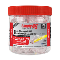 Simply45&reg; ProSeries Cat6/6a Unshielded Pass-Through RJ45 Modular Plugs with Cap45&reg; 100 pc/Jar &ndash; Red Tint