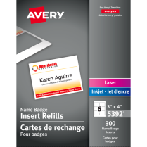Avery&reg; Name Badge Card Refills 4"x3" White 300/box