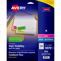 Avery&reg; Neon High Visibility Labels 2-5/8"x1" Laser Assorted Colours 450/box