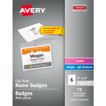 Avery&reg; Name Badge Kit Clip Holder 3"x4" 75/box