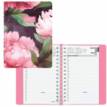 Blueline&reg; Essential Pink Floral Daily Diary Twin Wire Soft Cover 8"x5" Bilingual Pink