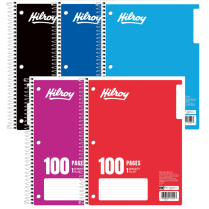 Hilroy 1 Subject Notebook Coil Bound Three-hole Punched 10-1/2x8" 100 pages Assorted Colours