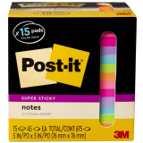 Post-it&reg; Super Sticky Notes 3"x3" Assorted Bright Colours 15 pads/pkg