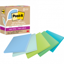 Post-it&reg; 100% Recycled Super Sticky Notes 3"x3" 70 sheets per pad Oasis 5/pkg