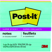 Post-it&reg; Super Sticky Notes Lined 4"x4" 90 sheets per pad Supernova 3/pkg