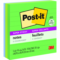 Post-it&reg; Super Sticky Notes 4"x4" 90 sheets per pad Lined Oasis 3/pkg