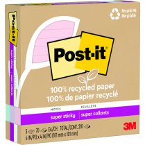 Post-it&reg; 100% Recycled Super Sticky Notes Lined 4"x4" 70 sheets per pad Wanderlust 3/pkg