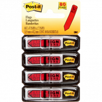 Post-it&reg; Mini Flags Sign Here Arrow Action Set 1/2"x1-11/16" 20 flags x 4 dispensers/pkg Red