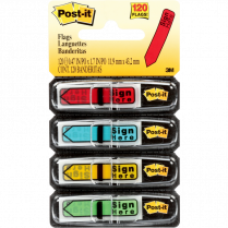 Post-it&reg; Mini Flags Sign Here Arrow Action Set 1/2"x1-11/16" 30 flags x 4 dispensers/pkg Assorted Colours