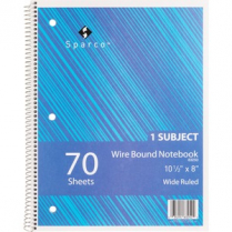 Sparco Wire Bound Notebook 3-Hole 70 Sheets College Ruled 8"x10-1/2" Assorted Colours