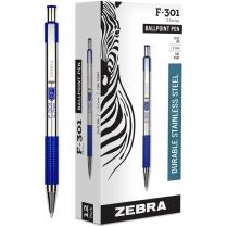Zebra F-301&reg; Retractable Ball Point Pens 0.7mm Fine Point Blue 12/box
